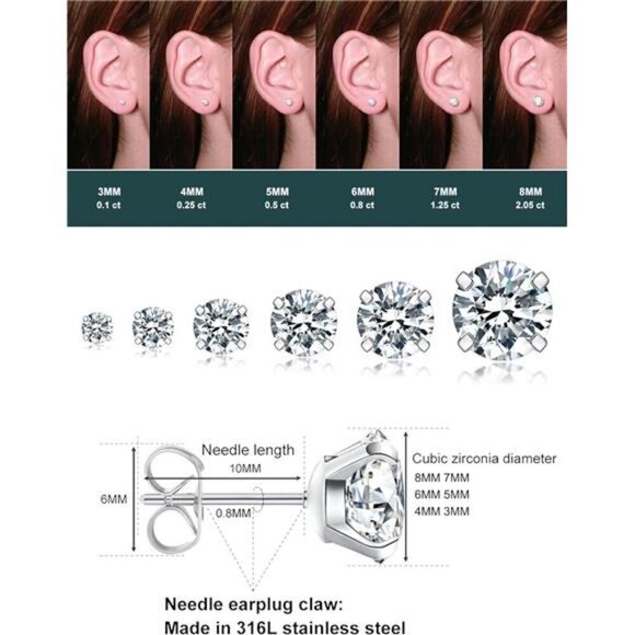 Steel Colored 6 Pairs Stud Earrings Set, Hypoallergenic Cubic Zirconia Earrings - Picture 5 of 7